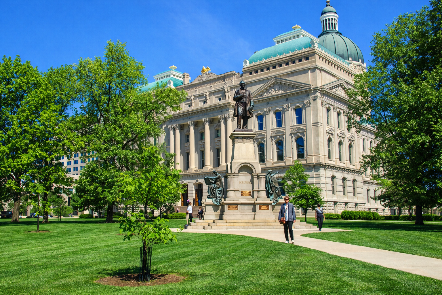 Indiana Statehouse in Indianapolis with green dome and statue in landscaped park under clear blue sky.