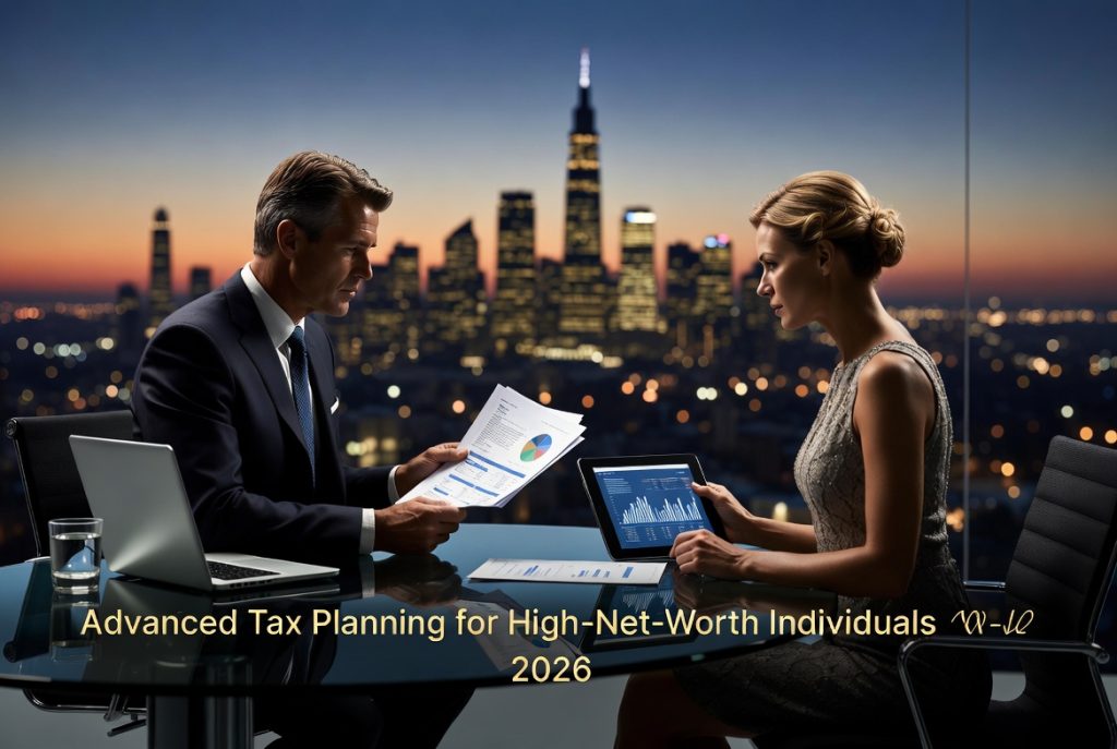 Elegant high-net-worth couple reviewing advanced tax planning documents and charts for 2026 on a modern desk with city skyline view