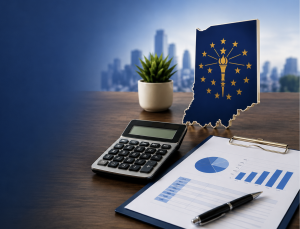 2026 Indiana tax planning for business owners with calculator, financial charts, and Indiana state symbol