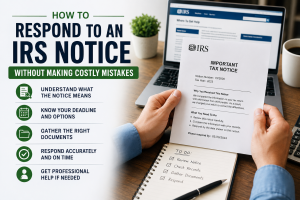 Taxpayer reviewing an IRS notice with financial documents and a checklist before responding.